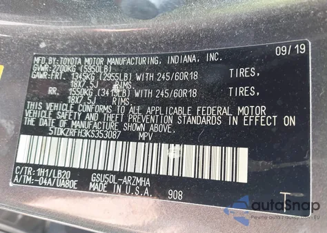 2019 Toyota Highlander Xle z USA, uszkodzony, nr VIN 5TDKZRFH3KS353087